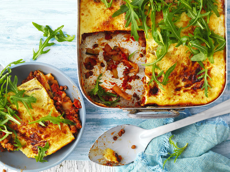 Pumpkin and goat’s cheese lasagne with rocket and pepita , Lentil and kale skillet lasagne , Vegetable lasagne , Char-grilled zucchini and lentil lasagne , Roast pumpkin and spinach lasagne , Cottage cheese lasagne