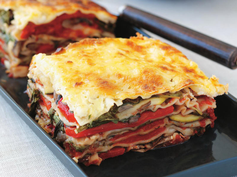 Pumpkin and goat’s cheese lasagne with rocket and pepita , Lentil and kale skillet lasagne , Vegetable lasagne , Char-grilled zucchini and lentil lasagne , Roast pumpkin and spinach lasagne , Cottage cheese lasagne