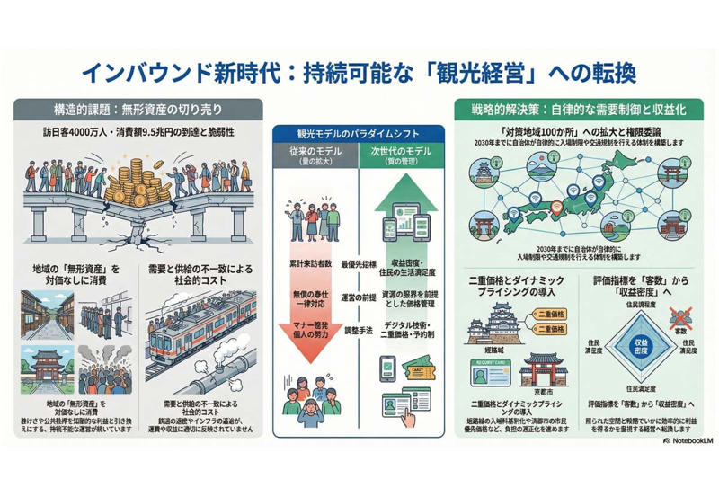 オーバーツーリズムの真因, 数字は成功、構造は未転換, 本当に解くべき課題, 容量制御への転換, データが示す限界, 容量経営への転換, 5年後と10年後の転換点