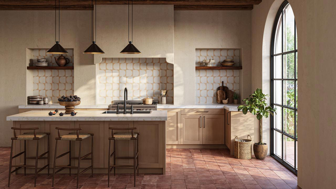 Terracotta, Lighter Wood, Boldly Colored Tiles, Dark Hardwood