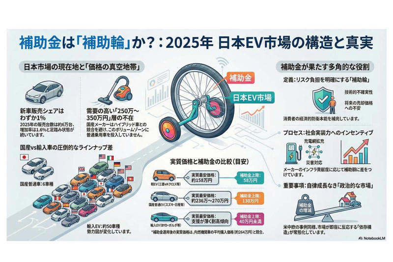 補助金依存のEV販売, 空白となった価格帯, 消費者が求める価格帯にEVは合致するか, 逆転する実質価格, 支援に依存した構造, メーカー支援の実態, 後戻りできない構造