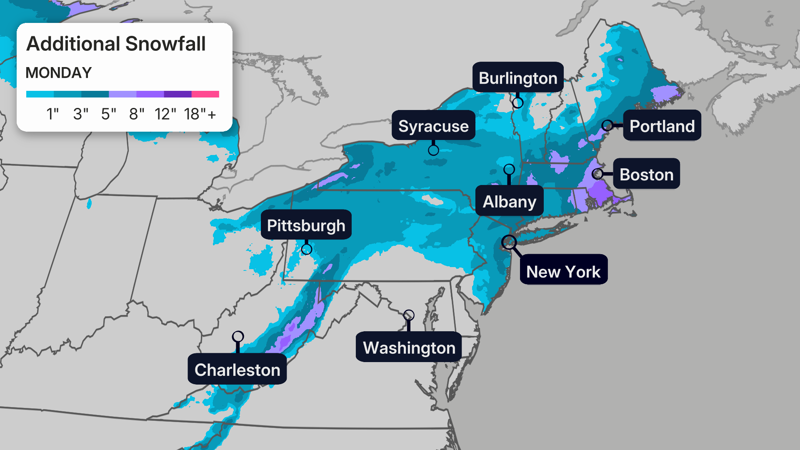 (05:51 p.m. EST) What To Expect Overnight, (05:27 p.m. EST) Power Outages Begin To Fall, (05:13 p.m. EST) Blizzard Warnings Expire For New York City, (04:58 p.m. EST) Every NYC Street Has Seen A Plow, (04:41 p.m. EST) Boston Ready For All Terrain, (04:20 p.m. EST) New Snapshots Of The Storm, (03:57 p.m. EST) Massachusetts Under Travel Ban, (03:38 p.m. EST) Providence Sees Snowiest Days On Record, (03:19 p.m. EST) Power Poles Snapped On Nantucket, (03:00 p.m. EST) Crashes Mount In Maryland, (02:41 p.m. EST) Snow Hammers Boston, New York City, (02:20 p.m. EST) How Does A Bomb Cyclone Compare To A Hurricane?, (02:02 p.m. EST) NYC Schools To Reopen, (01:46 p.m. EST) For The Record, (01:27 p.m. EST) Updated Snowfall Totals, (01:05 p.m. EST) Two Killed In Winter Storm-Related Wreck, (12:48 p.m. EST) Domino Effect At Airports Nationwide, (11:58 a.m. EST) New Photos Sum Up Travel Hazards, (11:43 a.m. EST) Three More Rounds?, (11:24 a.m. EST) Emergency Shovelers Turn Out In Force, (11:01 a.m. EST) Power Outages Top 650,000, (10:43 a.m. EST) 6 Hours, Nonstop Snow, (10:22 a.m. EST) Central Park In 15+ Inches Of Snow, (09:56 a.m. EST) Eat Your Heart Out, Abbey Road, (09:32 a.m. EST) New Jersey Travel Restriction Extended, (09:11 a.m. EST) Watch Winter Storm Hernando On Satellite, (08:47 a.m. EST) 500,000 Homes, Businesses Now Without Power, (08:36 a.m. EST) School Closings: NYC, Boston And Many More, (08:18 a.m. EST) The Two-Plus-Foot Club Has Been Established, (08:12 a.m. EST) How Much More Snow?, (07:58 a.m. EST) NYC’s Heaviest Since The Pandemic, (07:37 a.m. EST) Skiing Fifth Avenue, (07:25 a.m. EST) New Snow Totals For Major NYC Landmarks, (07:12 a.m. EST) Impressive Snow Rates, (06:58 a.m. EST) Thundersnow!!!, (06:50 a.m. EST) Tree Damage In King Of Prussia, Pennsylvania, (06:41 a.m. EST) Top Wind Gusts This Morning, (06:27 a.m. EST) Here Comes The Peak Of The Storm, (06:06 a.m. EST) Flight Cancellations Surge Past 10,000, (05:55 a.m. EST) We’re Dealing With 'Heart-Attack Snow', (05:17 a.m. EST) It's Officially A Bomb Cyclone, (05:00 a.m. EST) Scenes From A Snow-Dusted Times Square, (04:39 a.m. EST) Power Outages Spike To More Than 250,000, (04:15 a.m. EST) Top Snow Totals To Start The Morning