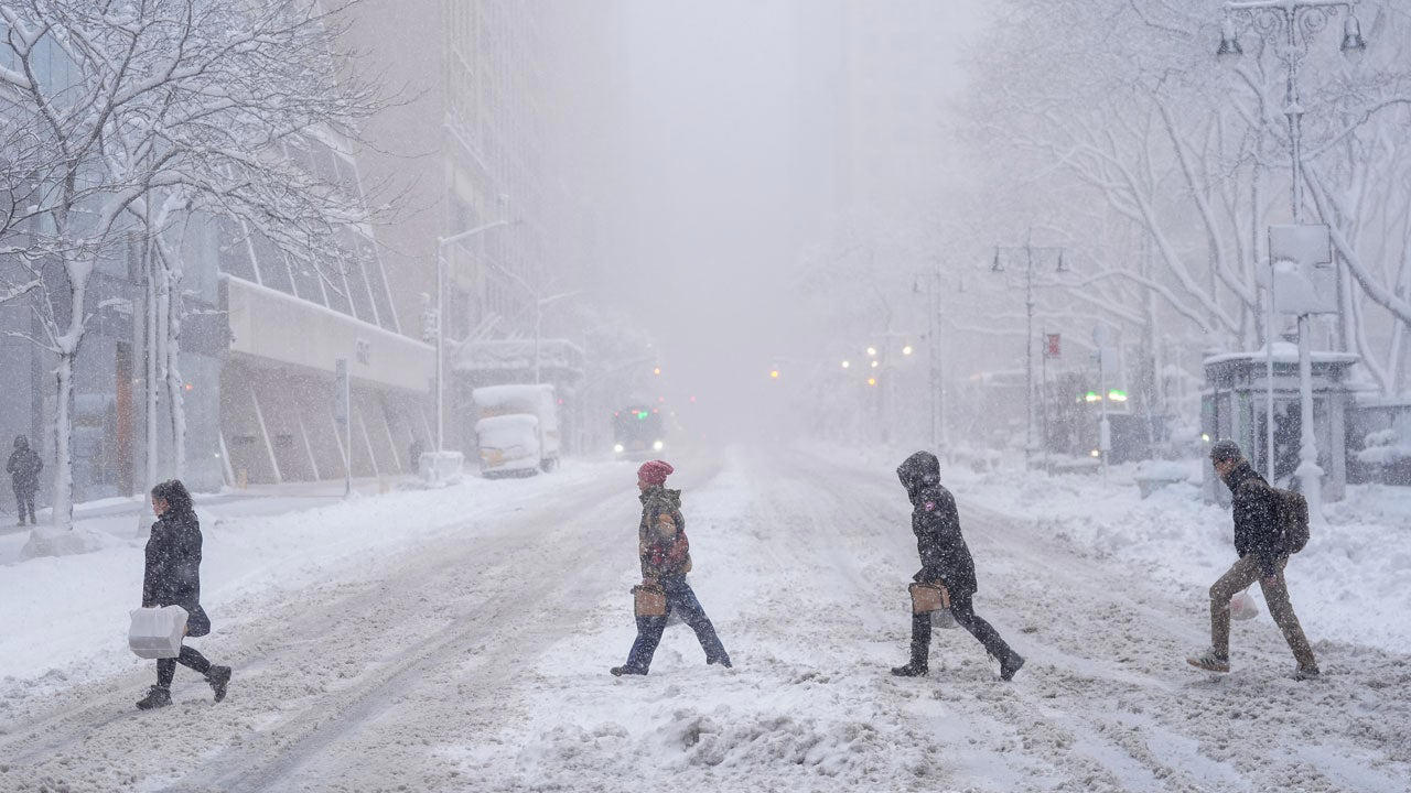 (05:51 p.m. EST) What To Expect Overnight, (05:27 p.m. EST) Power Outages Begin To Fall, (05:13 p.m. EST) Blizzard Warnings Expire For New York City, (04:58 p.m. EST) Every NYC Street Has Seen A Plow, (04:41 p.m. EST) Boston Ready For All Terrain, (04:20 p.m. EST) New Snapshots Of The Storm, (03:57 p.m. EST) Massachusetts Under Travel Ban, (03:38 p.m. EST) Providence Sees Snowiest Days On Record, (03:19 p.m. EST) Power Poles Snapped On Nantucket, (03:00 p.m. EST) Crashes Mount In Maryland, (02:41 p.m. EST) Snow Hammers Boston, New York City, (02:20 p.m. EST) How Does A Bomb Cyclone Compare To A Hurricane?, (02:02 p.m. EST) NYC Schools To Reopen, (01:46 p.m. EST) For The Record, (01:27 p.m. EST) Updated Snowfall Totals, (01:05 p.m. EST) Two Killed In Winter Storm-Related Wreck, (12:48 p.m. EST) Domino Effect At Airports Nationwide, (11:58 a.m. EST) New Photos Sum Up Travel Hazards, (11:43 a.m. EST) Three More Rounds?, (11:24 a.m. EST) Emergency Shovelers Turn Out In Force, (11:01 a.m. EST) Power Outages Top 650,000, (10:43 a.m. EST) 6 Hours, Nonstop Snow, (10:22 a.m. EST) Central Park In 15+ Inches Of Snow, (09:56 a.m. EST) Eat Your Heart Out, Abbey Road, (09:32 a.m. EST) New Jersey Travel Restriction Extended, (09:11 a.m. EST) Watch Winter Storm Hernando On Satellite, (08:47 a.m. EST) 500,000 Homes, Businesses Now Without Power, (08:36 a.m. EST) School Closings: NYC, Boston And Many More, (08:18 a.m. EST) The Two-Plus-Foot Club Has Been Established, (08:12 a.m. EST) How Much More Snow?, (07:58 a.m. EST) NYC’s Heaviest Since The Pandemic, (07:37 a.m. EST) Skiing Fifth Avenue, (07:25 a.m. EST) New Snow Totals For Major NYC Landmarks, (07:12 a.m. EST) Impressive Snow Rates, (06:58 a.m. EST) Thundersnow!!!, (06:50 a.m. EST) Tree Damage In King Of Prussia, Pennsylvania, (06:41 a.m. EST) Top Wind Gusts This Morning, (06:27 a.m. EST) Here Comes The Peak Of The Storm, (06:06 a.m. EST) Flight Cancellations Surge Past 10,000, (05:55 a.m. EST) We’re Dealing With 'Heart-Attack Snow', (05:17 a.m. EST) It's Officially A Bomb Cyclone, (05:00 a.m. EST) Scenes From A Snow-Dusted Times Square, (04:39 a.m. EST) Power Outages Spike To More Than 250,000, (04:15 a.m. EST) Top Snow Totals To Start The Morning