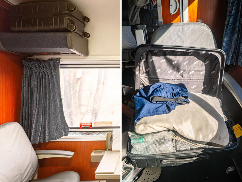 I used the shelf above the single seat to store my luggage. When I first boarded the train, there were no bunks in sight., There was also a narrow closet at the front of the room., Across from the closet, there was a sink and vanity., I used the shelf above the single seat to store my luggage., I found room controls on either side of the couch., Among these controls was a night setting for the lights., I slept in the bottom bunk on the second night.