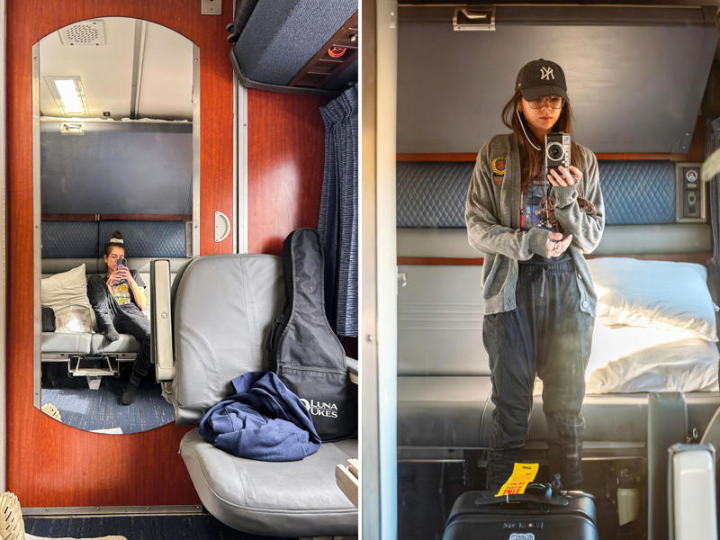 There was a full-length mirror on the far end of the bedroom behind the single seat. When I first boarded the train, there were no bunks in sight., There was also a narrow closet at the front of the room., Across from the closet, there was a sink and vanity., I used the shelf above the single seat to store my luggage., I found room controls on either side of the couch., Among these controls was a night setting for the lights., I slept in the bottom bunk on the second night.