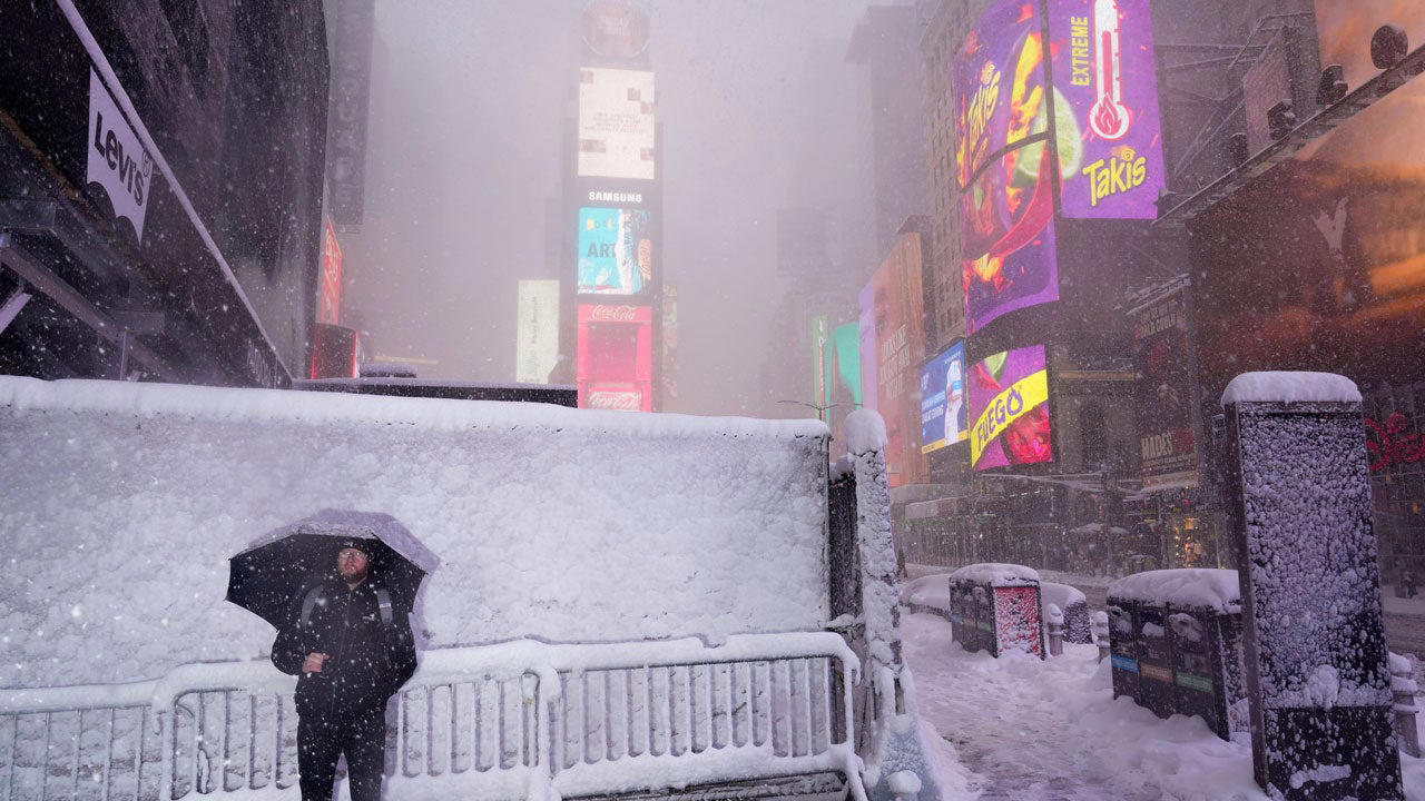 (05:51 p.m. EST) What To Expect Overnight, (05:27 p.m. EST) Power Outages Begin To Fall, (05:13 p.m. EST) Blizzard Warnings Expire For New York City, (04:58 p.m. EST) Every NYC Street Has Seen A Plow, (04:41 p.m. EST) Boston Ready For All Terrain, (04:20 p.m. EST) New Snapshots Of The Storm, (03:57 p.m. EST) Massachusetts Under Travel Ban, (03:38 p.m. EST) Providence Sees Snowiest Days On Record, (03:19 p.m. EST) Power Poles Snapped On Nantucket, (03:00 p.m. EST) Crashes Mount In Maryland, (02:41 p.m. EST) Snow Hammers Boston, New York City, (02:20 p.m. EST) How Does A Bomb Cyclone Compare To A Hurricane?, (02:02 p.m. EST) NYC Schools To Reopen, (01:46 p.m. EST) For The Record, (01:27 p.m. EST) Updated Snowfall Totals, (01:05 p.m. EST) Two Killed In Winter Storm-Related Wreck, (12:48 p.m. EST) Domino Effect At Airports Nationwide, (11:58 a.m. EST) New Photos Sum Up Travel Hazards, (11:43 a.m. EST) Three More Rounds?, (11:24 a.m. EST) Emergency Shovelers Turn Out In Force, (11:01 a.m. EST) Power Outages Top 650,000, (10:43 a.m. EST) 6 Hours, Nonstop Snow, (10:22 a.m. EST) Central Park In 15+ Inches Of Snow, (09:56 a.m. EST) Eat Your Heart Out, Abbey Road, (09:32 a.m. EST) New Jersey Travel Restriction Extended, (09:11 a.m. EST) Watch Winter Storm Hernando On Satellite, (08:47 a.m. EST) 500,000 Homes, Businesses Now Without Power, (08:36 a.m. EST) School Closings: NYC, Boston And Many More, (08:18 a.m. EST) The Two-Plus-Foot Club Has Been Established, (08:12 a.m. EST) How Much More Snow?, (07:58 a.m. EST) NYC’s Heaviest Since The Pandemic, (07:37 a.m. EST) Skiing Fifth Avenue, (07:25 a.m. EST) New Snow Totals For Major NYC Landmarks, (07:12 a.m. EST) Impressive Snow Rates, (06:58 a.m. EST) Thundersnow!!!, (06:50 a.m. EST) Tree Damage In King Of Prussia, Pennsylvania, (06:41 a.m. EST) Top Wind Gusts This Morning, (06:27 a.m. EST) Here Comes The Peak Of The Storm, (06:06 a.m. EST) Flight Cancellations Surge Past 10,000, (05:55 a.m. EST) We’re Dealing With 'Heart-Attack Snow', (05:17 a.m. EST) It's Officially A Bomb Cyclone, (05:00 a.m. EST) Scenes From A Snow-Dusted Times Square, (04:39 a.m. EST) Power Outages Spike To More Than 250,000, (04:15 a.m. EST) Top Snow Totals To Start The Morning