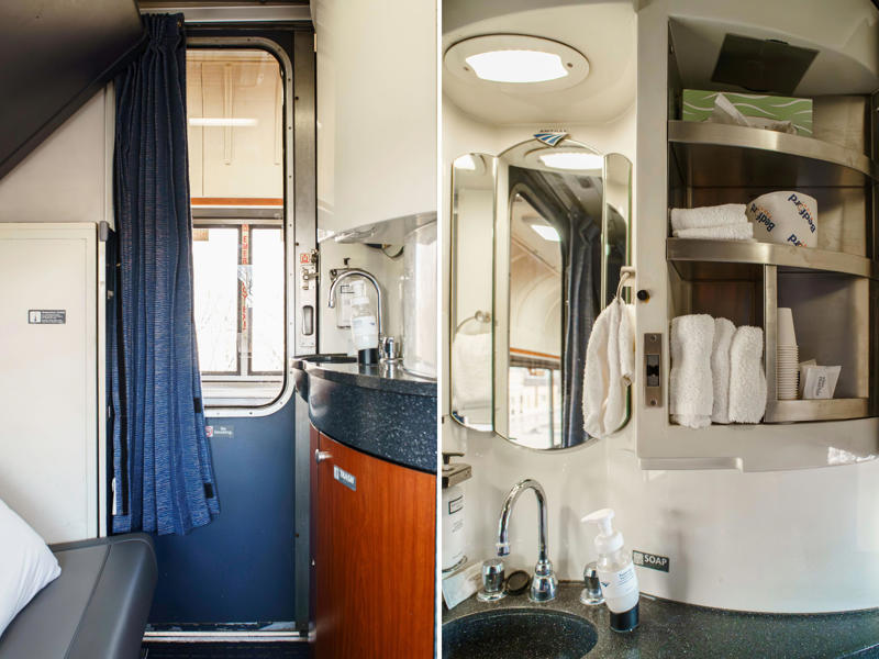 Across from the closet, there was a sink and vanity. When I first boarded the train, there were no bunks in sight., There was also a narrow closet at the front of the room., Across from the closet, there was a sink and vanity., I used the shelf above the single seat to store my luggage., I found room controls on either side of the couch., Among these controls was a night setting for the lights., I slept in the bottom bunk on the second night.