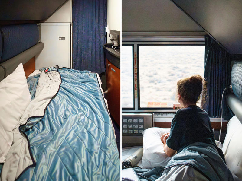 I slept in the bottom bunk on the second night. When I first boarded the train, there were no bunks in sight., There was also a narrow closet at the front of the room., Across from the closet, there was a sink and vanity., I used the shelf above the single seat to store my luggage., I found room controls on either side of the couch., Among these controls was a night setting for the lights., I slept in the bottom bunk on the second night.