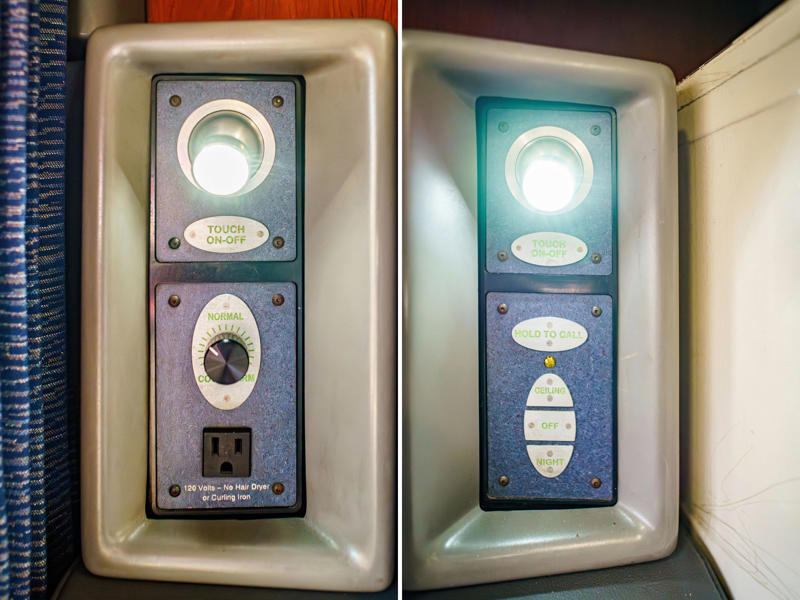 I found room controls on either side of the couch. When I first boarded the train, there were no bunks in sight., There was also a narrow closet at the front of the room., Across from the closet, there was a sink and vanity., I used the shelf above the single seat to store my luggage., I found room controls on either side of the couch., Among these controls was a night setting for the lights., I slept in the bottom bunk on the second night.