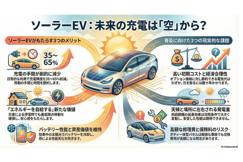 ソーラーEVと充電フリーの未来, 実証された性能と採算性, 充電回数を減らす価値, ソーラーと既存充電の棲み分け, 採算ラインの可視化（経済＋リスク・リターン）, メーカーが撤退しない理由, ソーラーEVは誰に意味があるのか, 太陽光発電がEVにもたらす変化