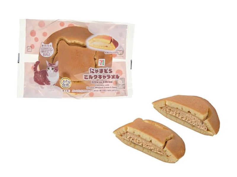 セブンのにゃんこモチーフのフード, 三毛猫もちもちクレープ, にゃまどら ミルクキャラメル, ねこのしっぽみたいなぱん ホイップクリーム, ねこも目がにゃい ツニャのパン, セブンプレミアム ホワイトチョコ大好きな白くま