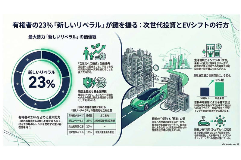 「新しいリベラル」とEV, 調査から浮かび上がった「隠れた多数派」, 先端技術と「未来への信託」, 都市の仕組みに潜む世代の壁, 安全保障としての電動化という視点, 「所有」から離れるデジタル世代の感覚, 未来への投資を阻む「時間の欠乏」, 刷新される社会のシナリオ, 次世代への価値の再検討