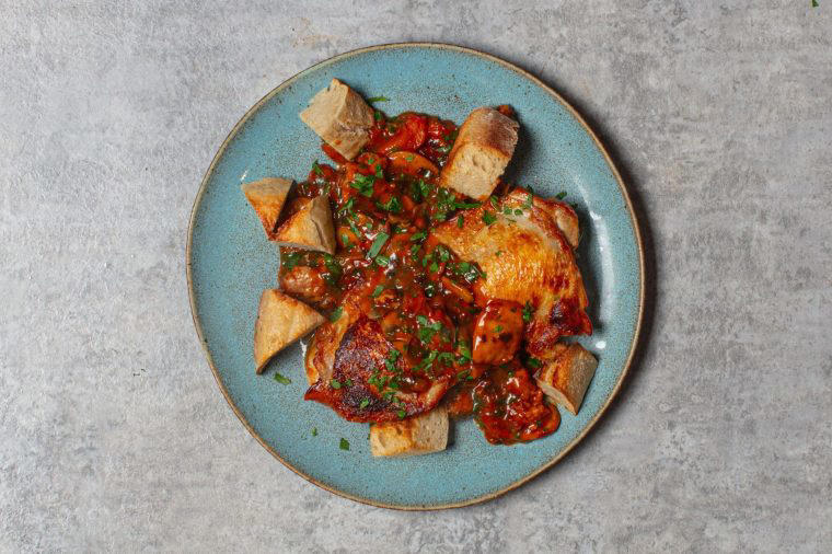 Chicken and mushroom fricassée with French dressed veg, Roasted pork fillet with pommes purée, Chicken chasseur with crusty baguette, Croque Madame-style pasta bake, Harissa eggs cocotte with dippy potatoes and ciabatta soldiers, Fennel and sausage cassoulet