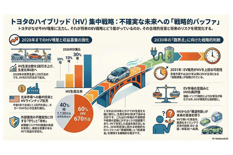 逆風下での攻めの判断, EV普及の不透明感, キャッシュフロー最大化, 待機オプションの価値, 2028年までの合理性, 2031年のEV逆転予測, 遅れではなく先送り, 投資判断の分岐点, 独走と時限爆弾の二面性