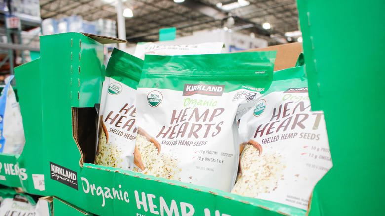 Dried herbs and spices, Kirkland Signature hemp hearts, Mushrooms, Kirkland Signature organic orange juice, Kirkland Signature sliced bacon, Frozen chicken bake