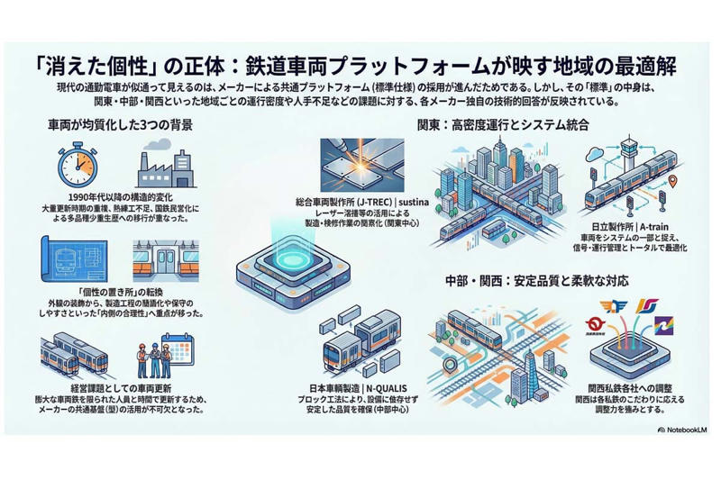 通勤電車が似てきた理由, 1990年代以降の構造変化, 地域ごとに分かれた最適解, 中部と関西の違い, メーカー選択からの読み解き
