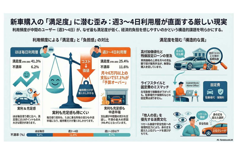 週3～4日使う人が最も不満, 月6万円以上層の予算超過, 都市構造と雇用形態の影響, 半端な合理性の不幸
