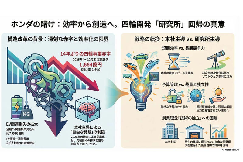 6年前の判断否定の背景, 開発スピードの違い, コスト管理の違い, 市場対応と技術優先, 創業理念への回帰, 日産統合交渉の影響, 管理と創造の対立