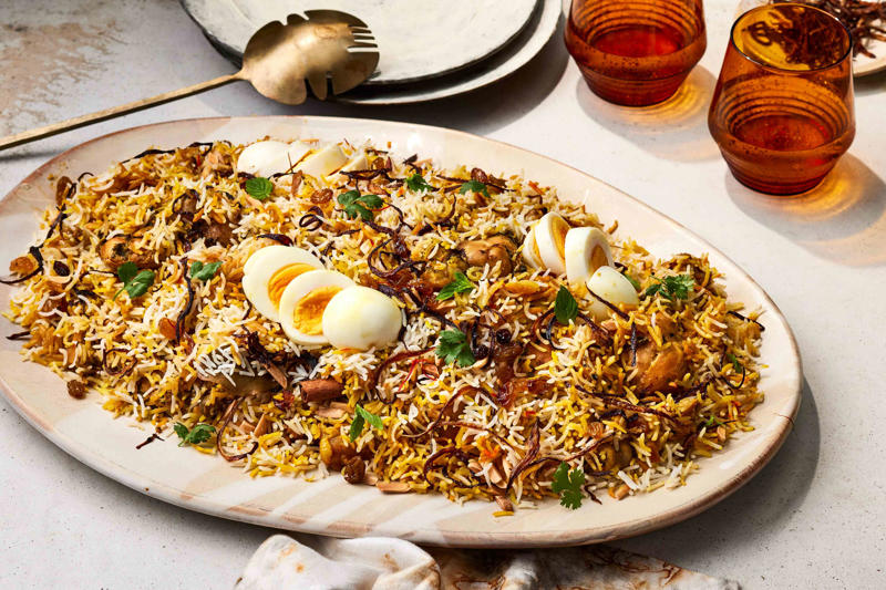 Shorbat Adas (Red Lentil Soup with Vegetables), Yogurt Rice, Turmeric Lamb Kebabs, Fattoush, Chicken Biryani, Zeytinyağli Yaprak Sarmasi (Vegetarian Stuffed Grape Leaves), Beef Mafé (West African Peanut Stew), Stuffed Eggplant with Spiced Beef and Pine Nuts, Tchicha Bel Za'atar (Barley Soup with Wild Thyme), Knafeh (Shredded Phyllo and Cheese Pie), Doro Wat Chili (Spicy Ethiopian-Style Chicken Chili), Lamb Martabak, Nasi Goreng Jawa (Javanese Fried Rice), Chicken Yassa with Fonio, Chocolate-Hazelnut Baklava, Yayla Çorbası (Turkish Yogurt Soup) with Velibah, Thiéboudienne (Senegalese Jollof Rice and Fish), Aloo Samosas, Chicken Hummus Bowl, Obe Ata (Nigerian Chicken, Tomato, and Pepper Stew), Kibbeh Bil Sanieh, Beef-and-Fonio Meatballs with Sweet Potato Stew, Roasted Carrots with Preserved Lemons and Dates, Ka'ak Bi Tamer (Cinnamon-Date Paste–Filled Cookies), Saffron Chicken Tagine