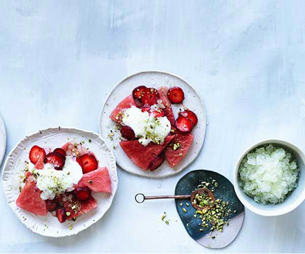          Sean Moran’s goat’s cheese tart with strawberries      ,          Curtis Stone’s strawberry and almond cheesecake      ,          Black Star Pastry’s strawberry and watermelon cake      ,          Rhubarb-strawberry milk bun pudding      ,          Crushed strawberry and pistachio éclairs      ,          Yu-Ching Lee’s strawberry, buckwheat and kefir scones      ,          Strawberry, cherry and raspberry salad with raspberry sorbet      ,          Ben Devlin’s grilled strawberry cake with white chocolate and rosé      ,          Sean McConnell’s rhubarb, strawberry and pink peppercorn crumble with chamomile ice-cream      ,          Rice pudding fritters with rhubarb and winter strawberry jam      ,          Watermelon and strawberry salad with crushed lime ice      ,          Strawberry pistachio cakes      ,          Fancy pistachio, mascarpone and strawberry cake      ,          Rhubarb and strawberry lattice pie      ,          Cheat’s raspberry sorbet and strawberry salad      ,          Strawberry frangipane tartlets with sheep’s milk yoghurt sorbet      ,          Strawberry and almond shortcakes with cassis cream      ,          Strawberry, watermelon and rose jelly with Turkish delight ice-cream      ,          Strawberry syllabub with red wine and pepper jelly      ,          Rhubarb and strawberry tart with candied pistachio and fennel seeds      ,          Watermelon, lychee and berries with strawberry and black pepper granita      ,          Rhubarb friand tart with tarragon crémeux and strawberry sorbet      ,          Curtis Stone’s strawberry, elderflower and brioche summer puddings      ,          Curtis Stone’s strawberry pandowdy      