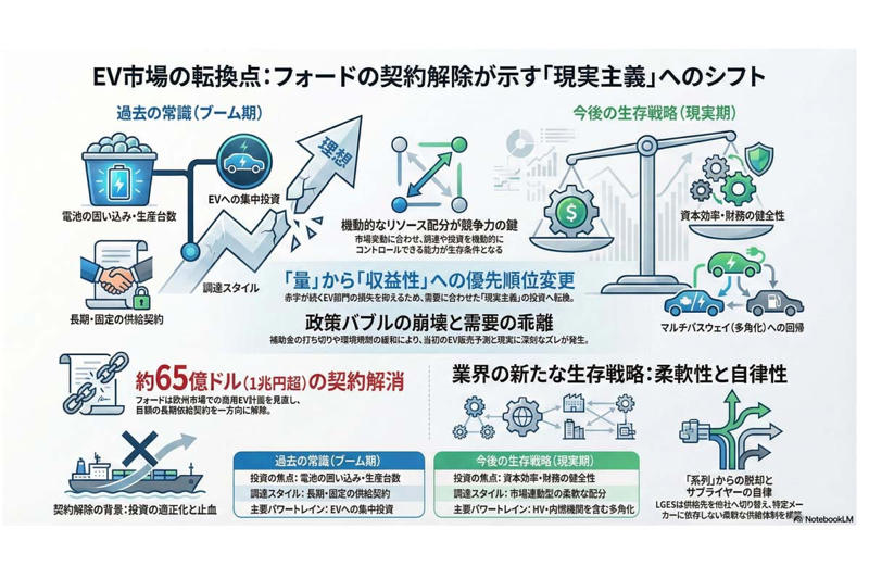白紙になった1兆円契約, 赤字を垂れ流す電動化部門, サプライヤーはダメージを回避, 投資を萎縮させる政策の揺らぎ, 投資抑制の是非を巡る評価, EVだけに頼らない生存戦略