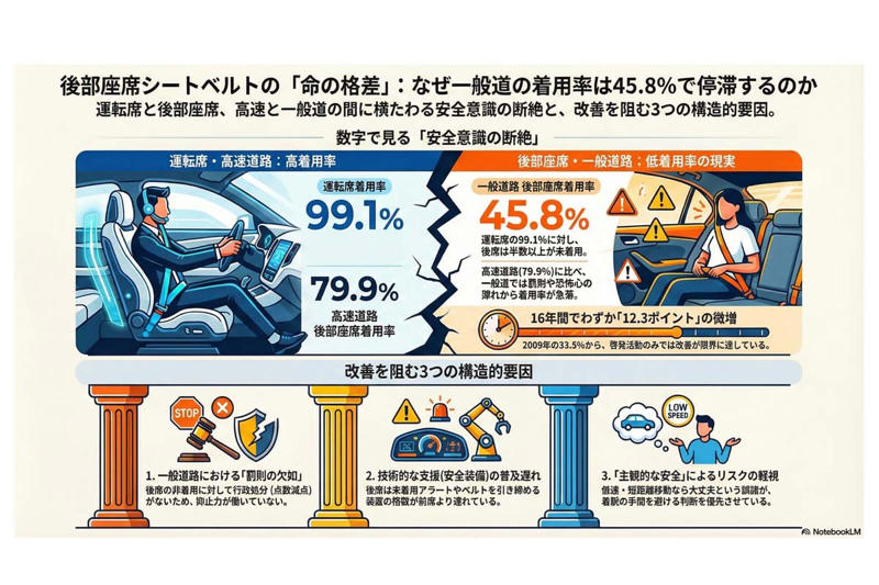 前席99%、後席46%の現実, 16年間で12ポイントしか上昇のない停滞, 技術も経済も後回し, 高速と一般道の落差, 今後の課題と展望