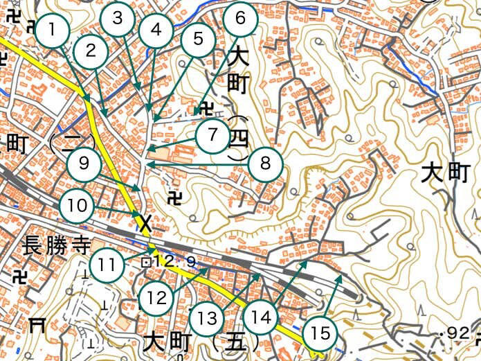 名越切通しハイキングコース概要, Section1：名越バス停〜登山口（1.7km・約29分）, Section2：登山口〜法性寺（1.6km・約47分）, Section3：法性寺〜逗子駅（2.8km・約40分）