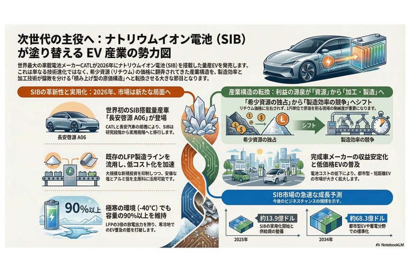 世界初の量産開始, 従来の利益集中構造, コスト構造の変化, 電池メーカーの競争激化, 完成車と用途の拡大, 浮上する企業と沈む企業, 製造力の時代への移行