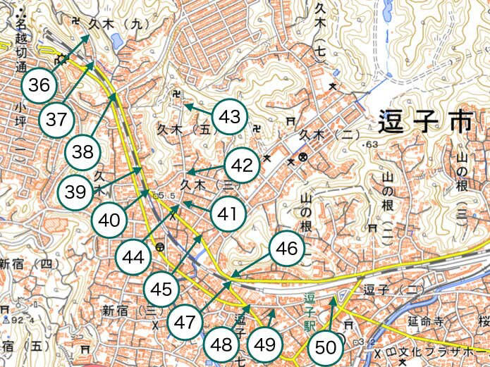 名越切通しハイキングコース概要, Section1：名越バス停〜登山口（1.7km・約29分）, Section2：登山口〜法性寺（1.6km・約47分）, Section3：法性寺〜逗子駅（2.8km・約40分）