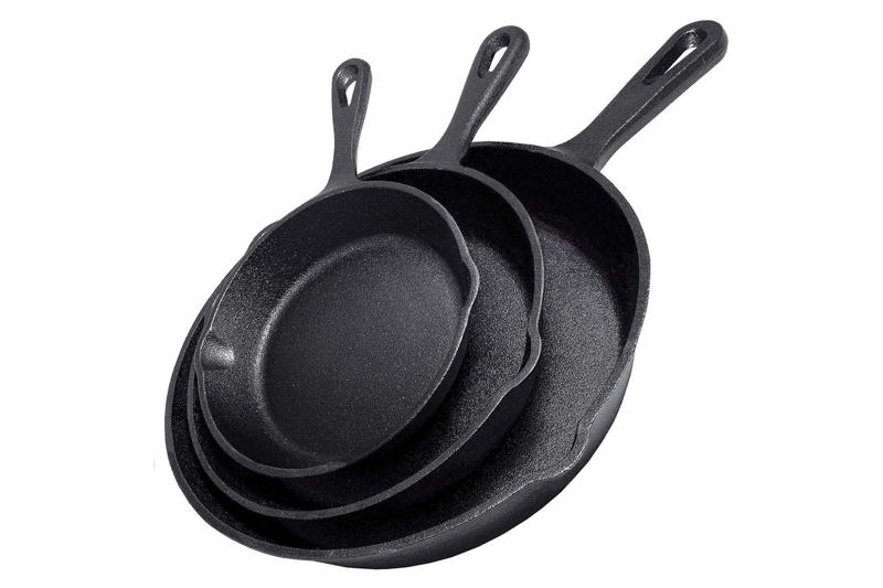 Best Shopper-Loved Cast Iron Skillets at Amazon, Lodge Seasoned Cast Iron Skillet, 12-Inch, Le Creuset Enameled Cast Iron Classic Skillet, 9-Inch, Lodge Mini Seasoned Cast Iron Skillet, 6.5-Inch, Cuisinel Cast Iron Skillet with Lid, Lodge Cast Iron Round Griddle, Amazon Basics Pre-Seasoned Cast Iron Skillet, Utopia Kitchen Cast Iron Skillet, 12-Inch, Simple Chef Cast Iron Skillets, 3-Piece Set, Victoria 8-Inch Cast Iron Skillet