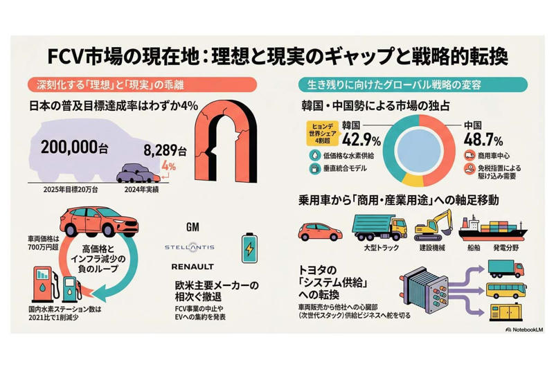 水素自動車、世界で販売半減の衝撃, ヒョンデが世界シェア4割超え, 政府目標と現実の乖離, トヨタの次世代燃料電池, 欧米メーカーの相次ぐ撤退, 政府主導でしか解けない三すくみ