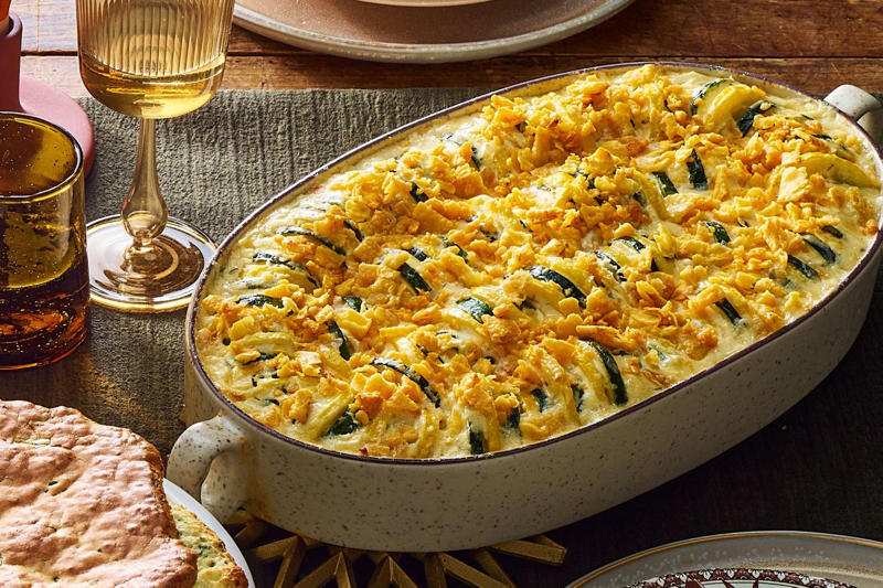 Chicken-And-Rice Bake With Broccolini, Chicken-And-Biscuit Casserole, BLT Pain Perdu Casserole, Macaroni Corn Casserole, Hashbrown Casserole, Old-Fashioned Chicken Pot Pie, Pineapple Casserole, New-School Pineapple Casserole, Ham And Noodle Casserole, Layered Squash Casserole, Hot Chicken Salad, Mini Cheese Grits Casseroles, Stuffed Ham-And-Cheese Croissant Casserole, Shrimp And Grits Casserole, Baked Ziti With Summer Vegetables, Poppy Seed Chicken, Chicken-And-Wild Rice Casserole, Chocolate Cobbler, Cakey Strawberry Cobbler, Pumpkin Crisp, Asparagus Casserole, Roasted Tomato Macaroni And Cheese, Pasta-Chicken-Broccoli Bake, Eggplant Rollups, Loaded Cauliflower Casserole, Everything Bagel Casserole, Old-Fashioned Apple And Cheese Casserole, Mushroom And Thyme Chicken-Broccoli Casserole, Cheesy Chicken Casserole, Meatball Casserole