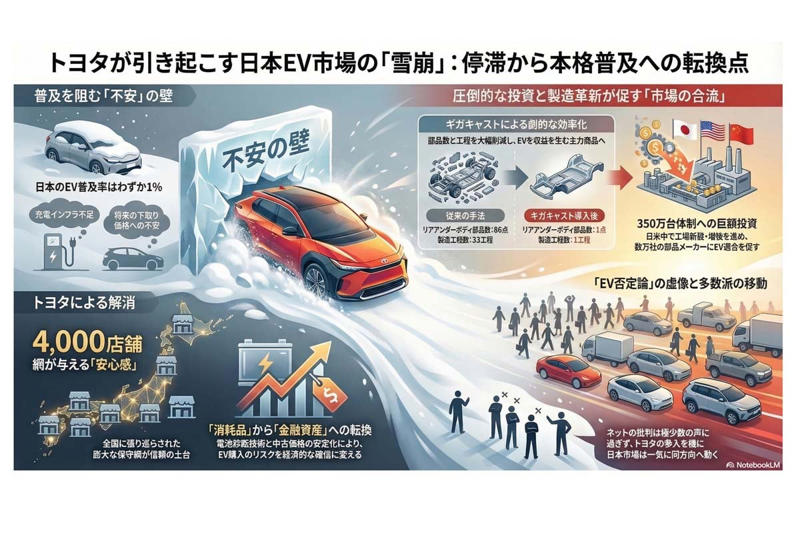市場を変えるトヨタのEV本格化, 販売網が与える安心感, 製造革命とコスト削減, 市場転換の始まり