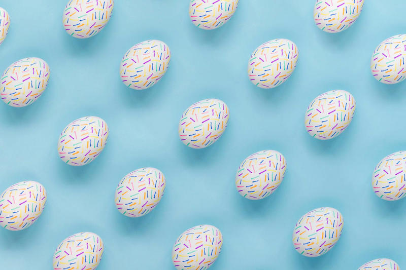 Polka-Dot Easter Eggs, Cross Stitch Eggs, Paint Marker Easter Eggs, Watercolor Easter Eggs, Gingham Easter Egg, Confetti Painted Eggs, Two-Tone Painted Easter Eggs, Lettuce Eggs, Emoji Easter Eggs, Painted Patterns, Graphic Black-and-White Eggs