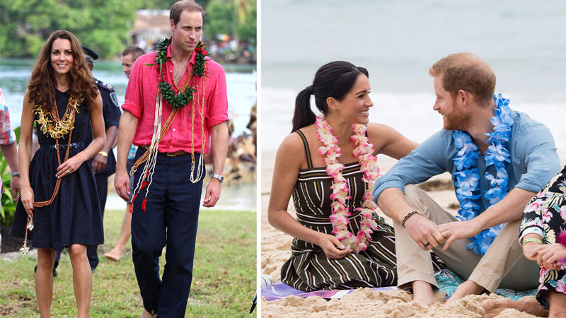 A split image of Princess Kate and Meghan Markle barefoot A split image of Princess Kate and Meghan Markle barefoot, The Princess of Wales, Prince William, Duchess Sophie, Princess Diana, Meghan Markle