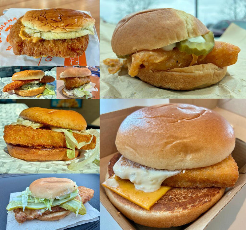 McDonald’s: Filet-O-Fish, Rally’s: Crispy Fish, Long John Silver’s: Fish Sandwich, Burger King: Big Fish, Dairy Queen: Wild Alaska Fish, Arby’s: Crispy Fish, Wendy’s: Crispy Panko Fish, Sonic: Fish, Swensons: Crispy Fish, Popeyes: Classic Flounder Fish, Culver’s: North Atlantic Cod, Freddy’s: Deluxe Crispy Fish, Arby’s: King’s Hawaiian® Fish Deluxe, Popeyes: Spicy Flounder Fish, Culver’s: Northwoods walleye