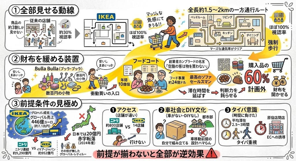 この記事で学べること, 買うつもりのなかったモノがカゴに入る店, 8ドルと英語ゼロでアメリカに降り立った建築家, 「広場」を作りたかった男が作ってしまったもの, 普通の店は約3割しか見せない。IKEAはほぼ100%, 「安いしまあいっか」の罠, ミートボールは最高のソファセールスマン, IKEAとカジノが使う同じ心理テクニック, 「あのろくでなし開発への養育費は払わない」, 世界最強の仕掛けが日本で効かん3つの理由, カルフールは4年で逃げた, まとめ：仕組みは「前提条件」とセットで動く