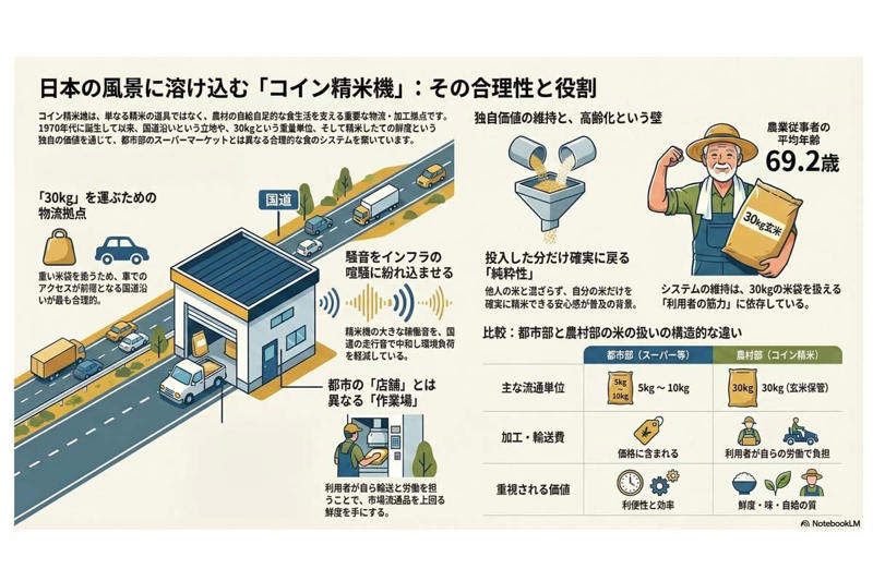 無人精米拠点の誕生, 自家消費米の流通, 重量物の立地合理性, 利用者負担の可視化, 地域自給の守りの線