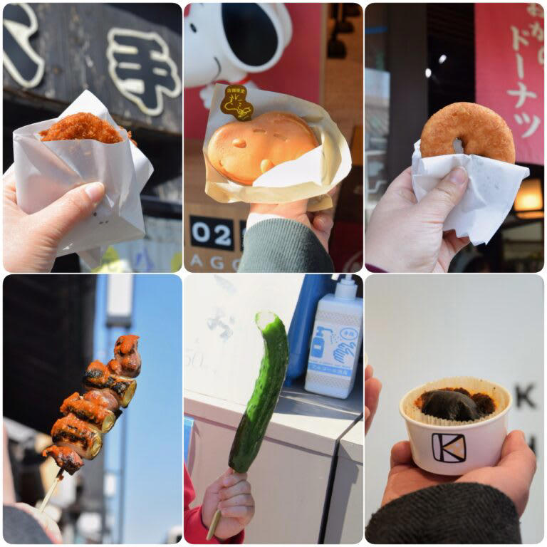 エース大松「やきとり」200円, 近江屋長兵衛商店「おからドーナツ」90円, 大手前「コロッケ」130円, 河村屋川越店「きゅうりの一本漬け うめ」250円, SNOOPY Village 川越店「スヌーピーやき」350円, 川越チーズケーキ「川越チーズケーキ」＆「川越バスクチーズケーキ」各500円, 川越はワンコインでも大満足！