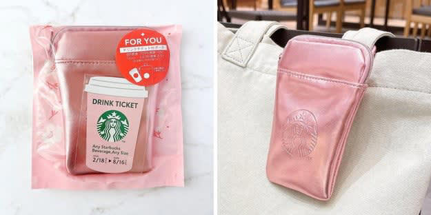 スタバでは、ギフトにぴったりの「キュートなポーチ」を販売中です。, 春らしいポーチとドリンクチケットがセットになったギフト！, スタバらしさが詰まった、キュートなミニポーチです。, スマホ周りの小物をまとめるのに便利！, 小物ポーチとしても使いやすい！, トートバッグにつけてみました！, 実際にトートバッグに取り付けて、外出してみました。, ドリンクチケットで春限定フラペチーノを注文してみた！, 1500円とは思えない！想像以上に使える、かわいい春ギフトでした。, 無印良品の「おうちで味わうカフェメニュー ふんわり桜ラテ」もおすすめです！, ふんわりやさしい甘さで、ほっとします。