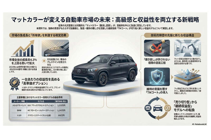 マットカラーの魅力と市場動向, 海外トレンドと国内展開, 質感表現と製造・維持の難易度, コーティング技術と普及の可能性, 感性表現としての資産価値