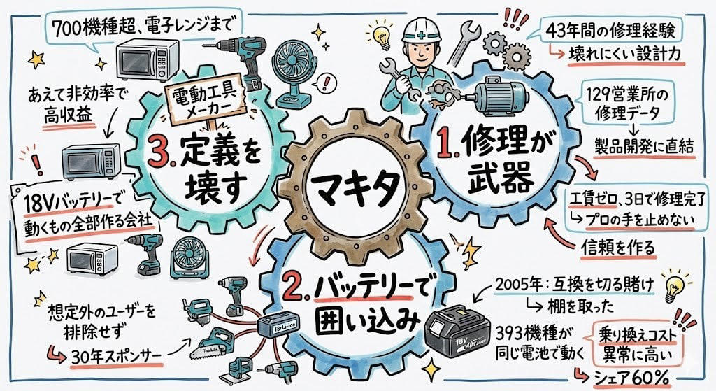 この記事で学べること, 21歳のモーター修理屋, 毎日壊れた工具を直してたら、最強の武器が手に入った, ハイコーキが1年遅れた「賭け」, なぜ電池1個で逃げられなくなるのか？, 「壊れない工具」より「すぐ直る工具」, 1万人の前でドリルが髪に絡まった男, 電子レンジも作る「工具メーカー」, まとめ：マキタが111年で証明した3つのこと