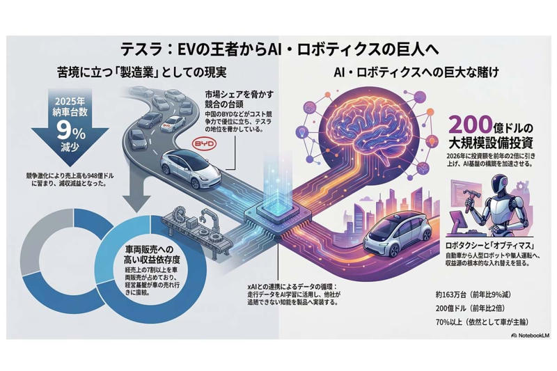 減速するEV事業への依存構造, ロボタクシーとオプティマスへの集中投資, AI企業評価と揺らぐブランド, AI企業転換という巨大な賭け