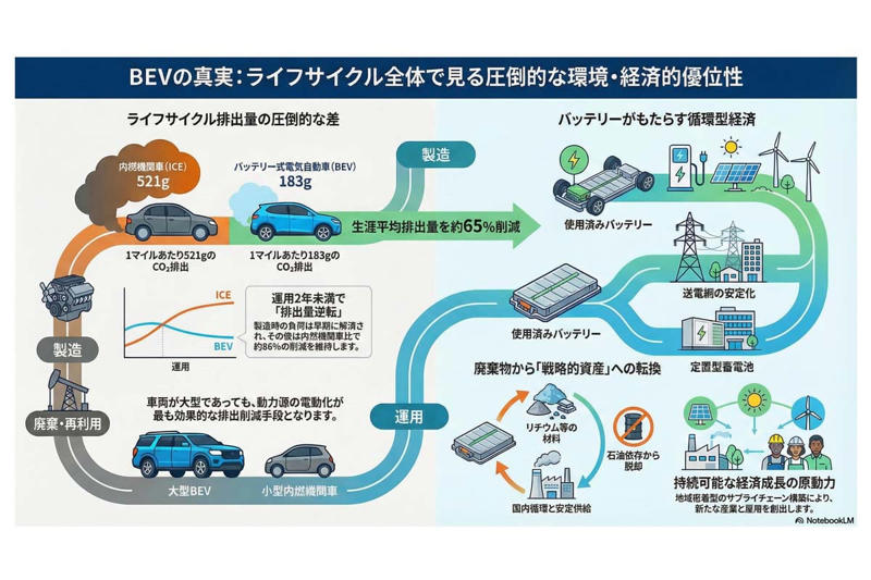 車両大型化の影響, ライフサイクル排出量の優位性, ライトトラック電動化の効果, バッテリー循環利用の拡大, 電動化による大型車の環境転換