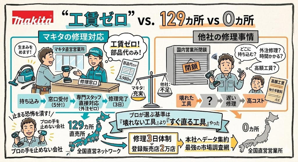 この記事で学べること, 21歳のモーター修理屋, 毎日壊れた工具を直してたら、最強の武器が手に入った, ハイコーキが1年遅れた「賭け」, なぜ電池1個で逃げられなくなるのか？, 「壊れない工具」より「すぐ直る工具」, 1万人の前でドリルが髪に絡まった男, 電子レンジも作る「工具メーカー」, まとめ：マキタが111年で証明した3つのこと