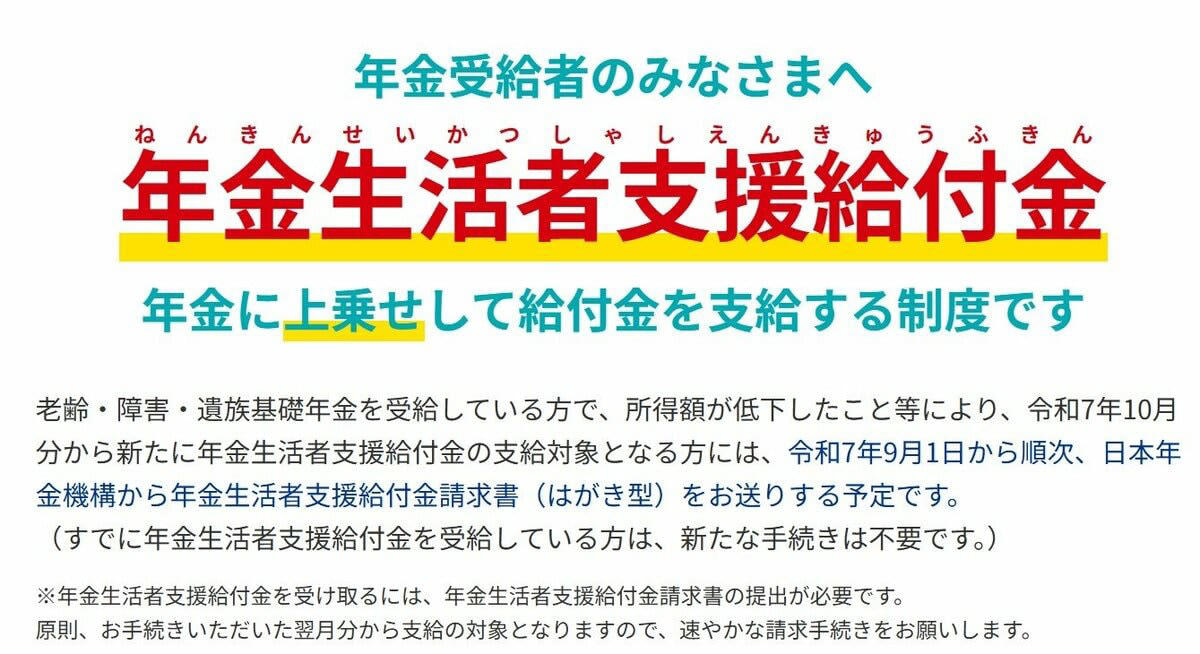 年金生活者支援給付金制度のイロハ, 【支給要件】年金生活者支援給付金「年金本体に上乗せがある人とは？」, 「老齢年金生活者支援給付金」支給要件, 「障害年金生活者支援給付金」「遺族年金生活者支援給付金」の対象者, 【金額】2026年度「年金生活者支援給付金」給付基準額は3.2%引き上げ, 【2026年度】年金生活者支援給付金の給付額, 【手続き】年金生活者支援給付金、対象者にはお知らせを兼ねた「請求書」が届きます, 【ケース1】これから老齢年金を受け取り始める人（緑の封筒）, 【ケース2】すでに年金を受給している人の場合（うす緑の封筒）, 【ケース3】老齢基礎年金を繰上げ受給中の場合（うすだいだい色の封筒）