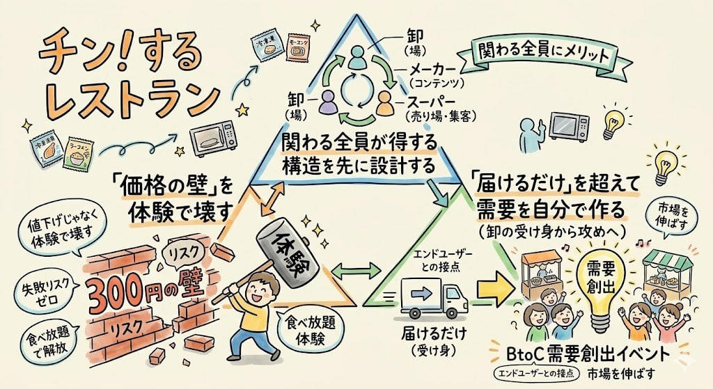 この記事で学べること, 冷凍食品200種類が2,000円で90分食べ放題, 2,174人→8,592人。2年で来場者4倍の爆発, 試食の「ケチケチ問題」を全部ひっくり返した, 売上2兆4,000億円の「裏方」が食べ放題レストランを開いた理由, スーパーの店内で食べ放題をやったらどうなったか, 2,000円で200種類食べ放題、採算はどう合ってるのか, 「節約疲れ」が火をつけた, まとめ：「チン！するレストラン」から学ぶ3つの法則