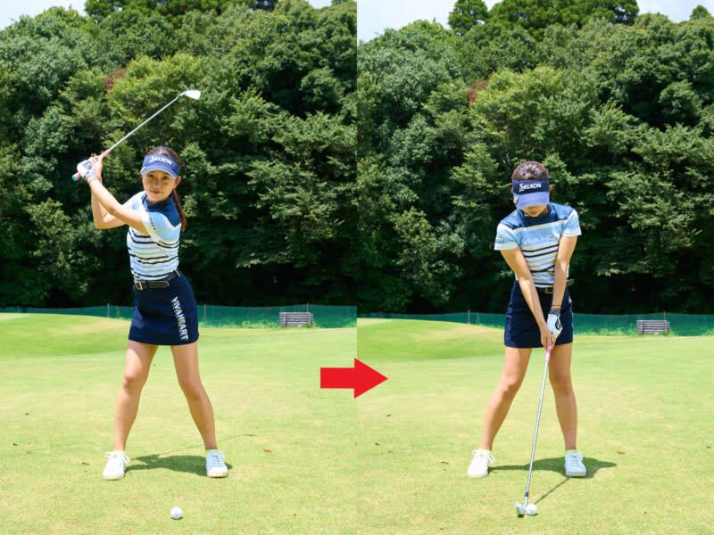 胸の高さで右ヒジが下を向き右の前腕はほぼ垂直になる, トップで間を置かずに下ろす, 右ヒジを絞りすぎる, 右ヒジが外を向く