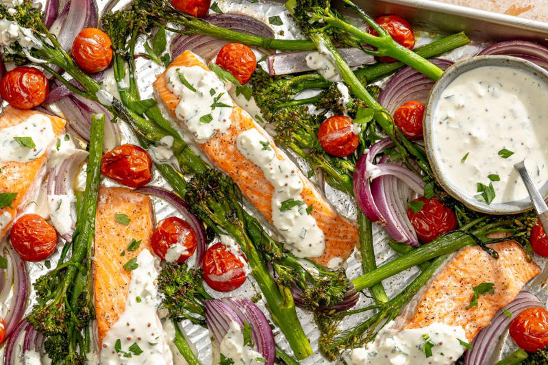 Sheet Pan Chicken with Asparagus and Potatoes, Grandma Pizza, Roasted Eggplant and Butternut Squash with Tahini-Yogurt Sauce, Greek-Style Roast Chicken, Sheet Pan Salmon With Feta Sauce, Sheet Pan Gnocchi With Mushrooms, Sausage, and Kale, Honey Roasted Chicken Thighs with Potatoes, Apples, and Shallots, Easy Asparagus Tart, Sheet Pan Sausage, Peppers, and Onions, Sheet Pan Biftekia with Lemony Potato Wedges, Loaded Sheet Pan Nachos, Sheet Pan Salmon With Asparagus, Sheet Pan Chicken with Roasted Broccoli and Potatoes, Meat Lovers' Sheet Pan Pizza, Loaded Sheet Pan Quesadillas, Salmon with Potatoes and Pesto