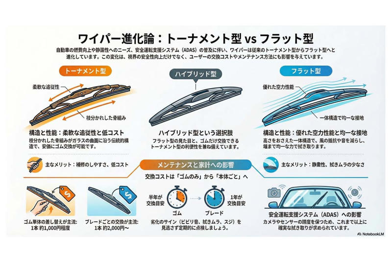 空力設計が変えたワイパーのかたち, 一体化がもたらした交換スタイルの変化, ハイブリッド型という中間解, ADAS時代における視界確保の重要性